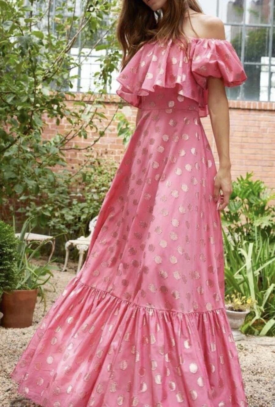 ML Monique Lhuillier Pink Metallic Polka Dot Off Shoulder Ruffle Dress 2 NEW